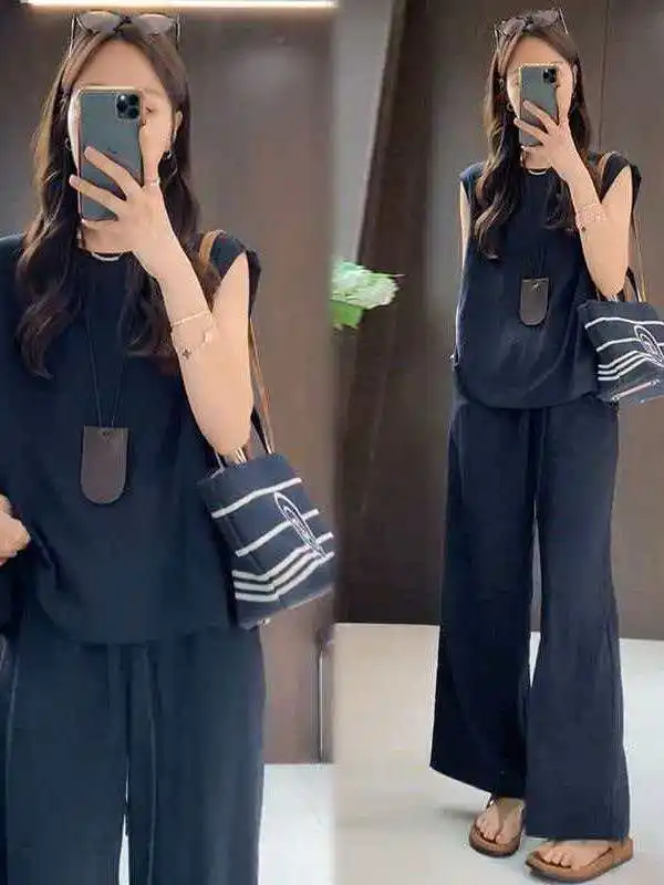 

Fashionable Loose Slimming Sleeveless Top And Wide Leg Pants Two Piece Set for Women Summer New Arrival Korean Style High Waist