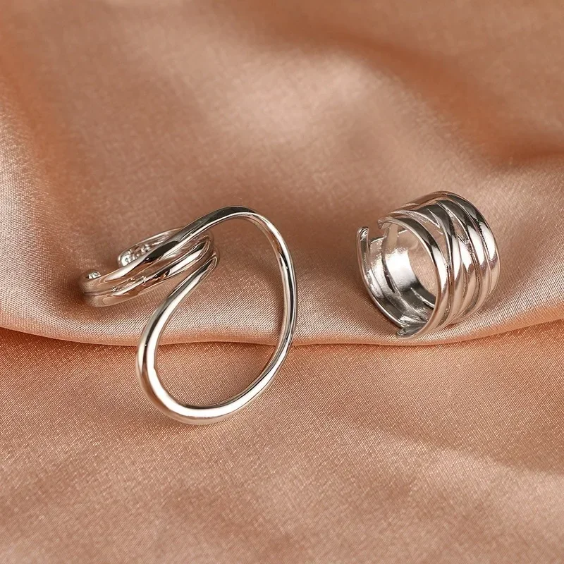 Silver Color Unique Lines Massive Ring Set Women‘s Large Rings Finger Jewelry Vintage Distorted Geometric Ring for Birthday Gift