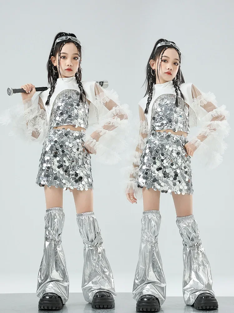 Costume de danse jazz miroir argenté pour filles tenue de pom-pom girl vêtements Kpop pour enfants vêtements de spectacle de piste, vêtements de danse Hip Hop