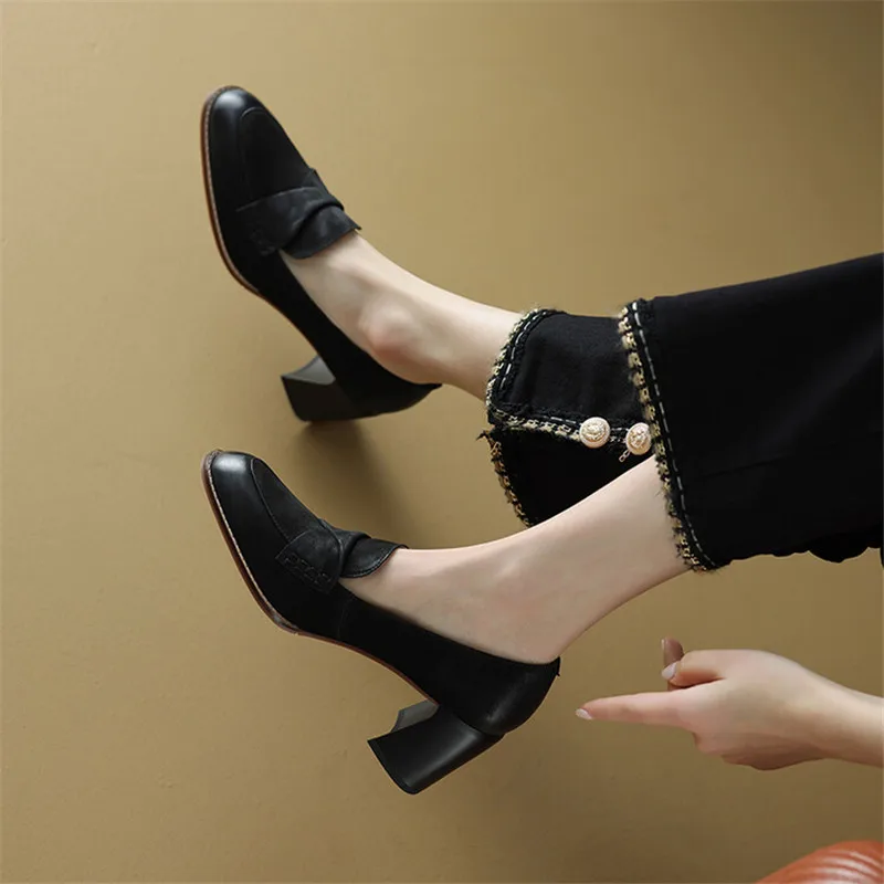 2024 New Spring Summer Sheepskin Women Shoes Round Toe Women Pumps French Retro High Heels Loafers Shoes for Women Ladies Shoes