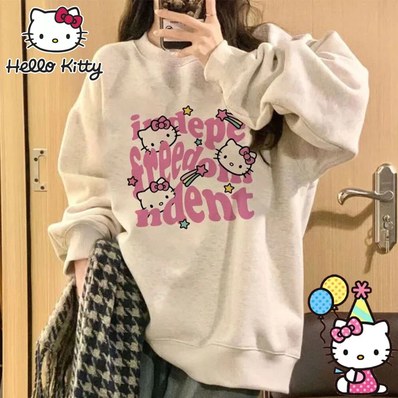 Sanrio Hello Kitty Women Autumn Hoodies Y2k Pullovers Cotton Pullovers Casual Oversized Coat Sweatshirt Long-sleeved T-shirt