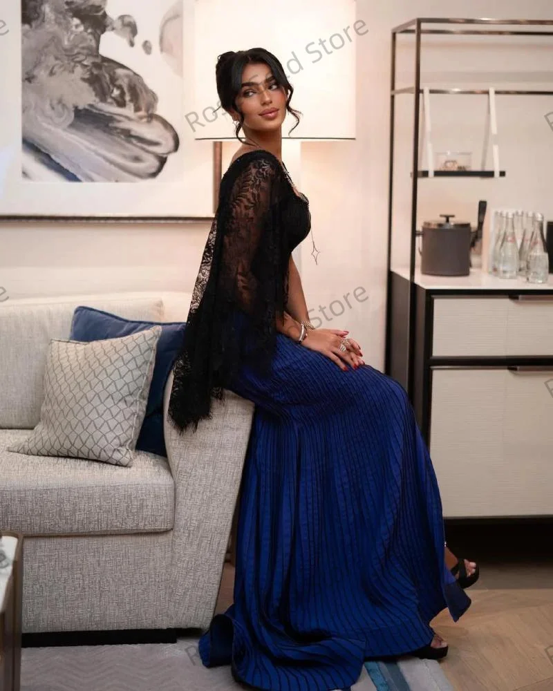 Moda sereia vestido de noite feminino azul o pescoço formal vestido de gala personalizado manga cheia babados árabe vestido de baile