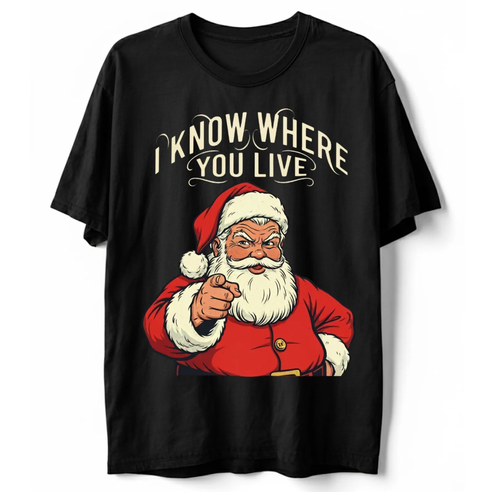 

Футболка «Я знаю, где ты живут», забавная злий Санта-Клаус, жуткие Рождество