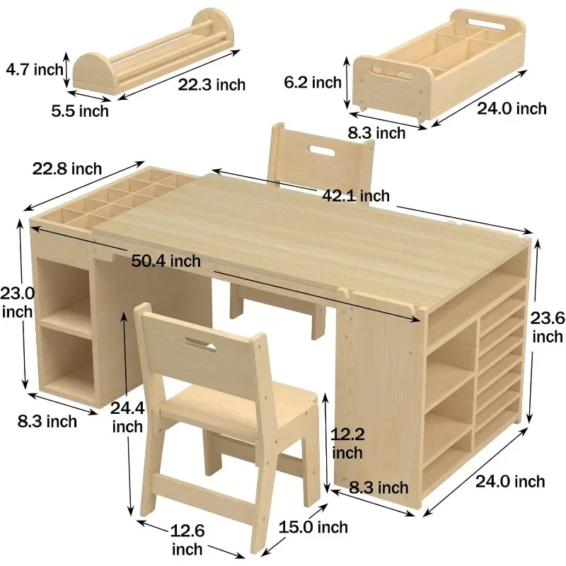 Table and Chair Set with Paper Roll Dispenser and Portable Art Supply Organizer for 4-12 Year Old,Kids Activity Table with Large