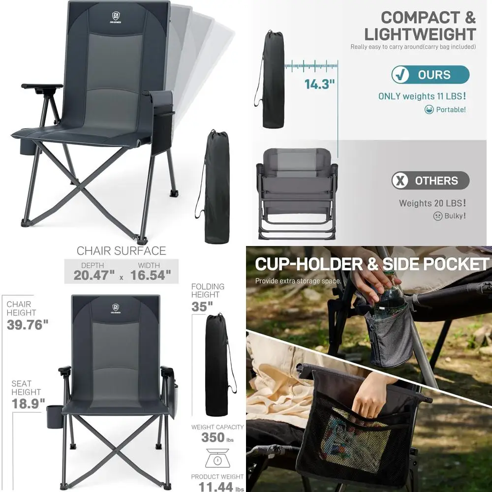 

Легкое складное кресло для взрослых: 4-уровневая регулируемая спинка, портативное кресло для патио, поддерживает 350 фунтов, серый