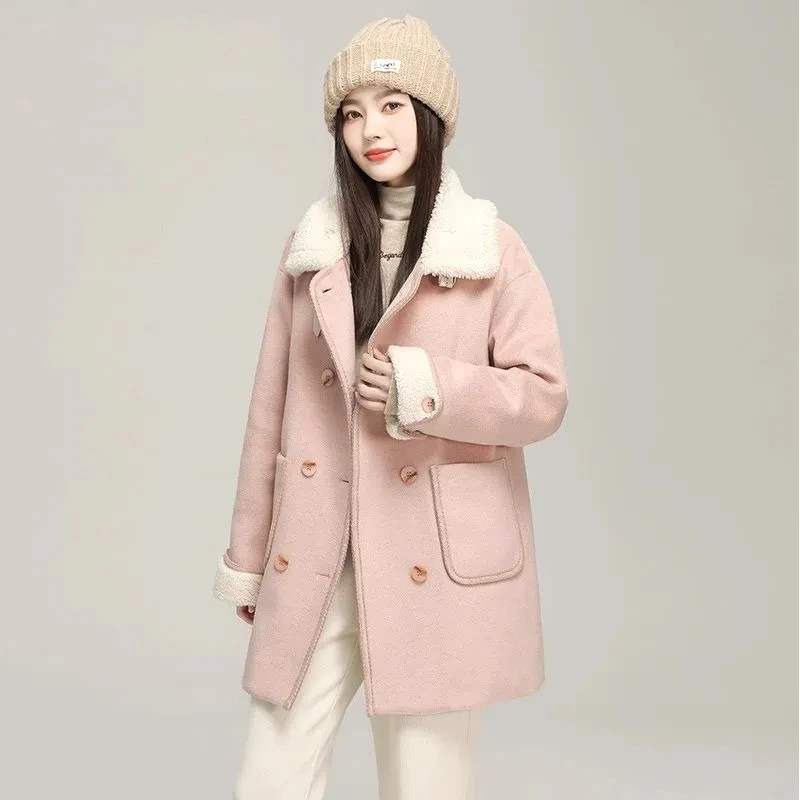 

Spring Autumn Cotton Padded Jackets Mid-length Women's Woolen Coat Turndown Collar Double Breasted All-match Outwear Trend