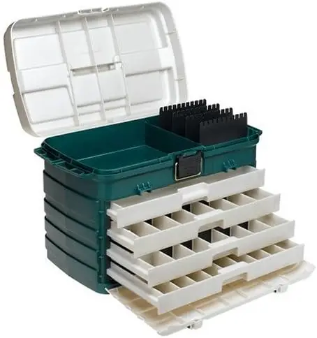 4-Drawer Tackle Box Green Metallic/Silver ,One Size，Four removable bait racks provide added storage versatility Side tool stora