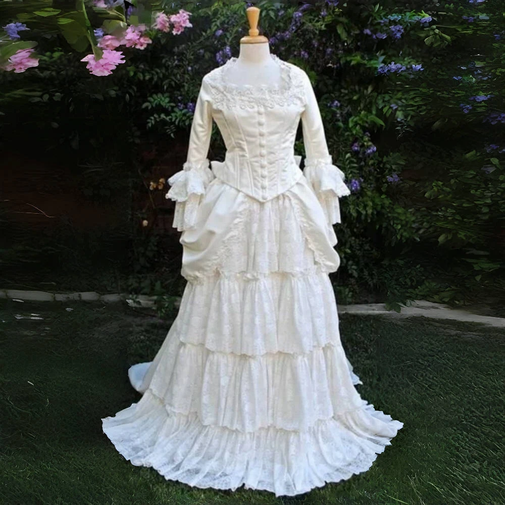 Vintage Victorian Bustle Wedding Dress Long Sleeves Tiers Lace Corset Retro White Renaissance Medieval Bridal Gowns Customized