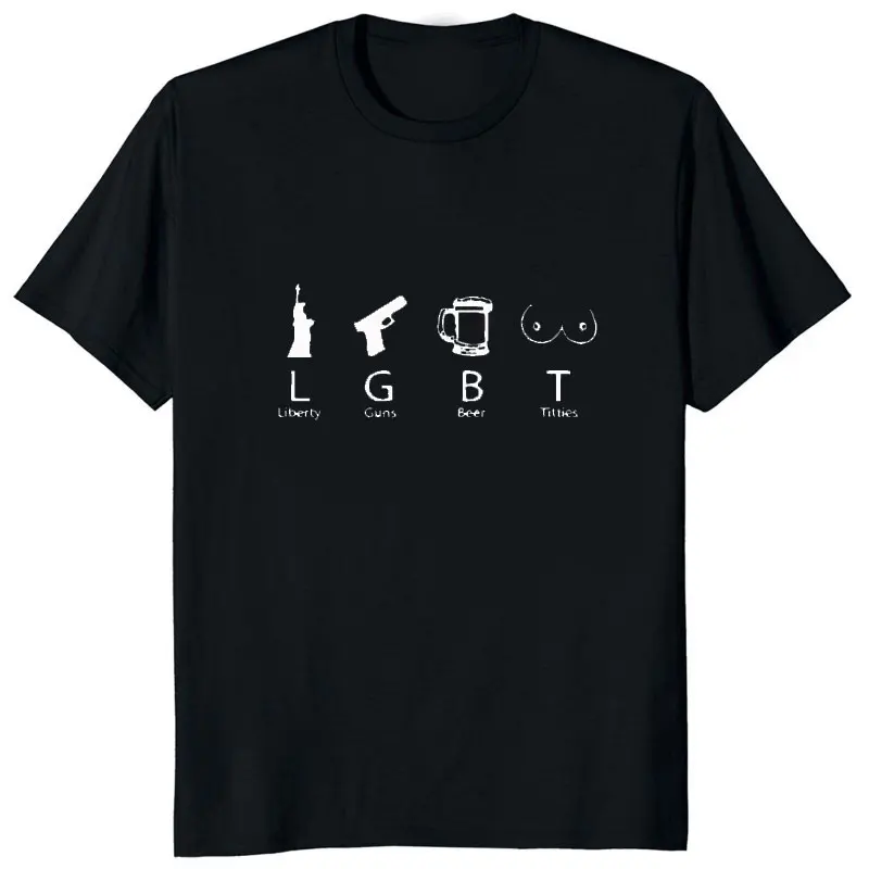 LGBT LIBERTY GUNS BEER TITTIES Letter Print T-Shirt Streetwear Hip Hop Harajuku Women Tee Humor Casual Fashion Loose Clothing