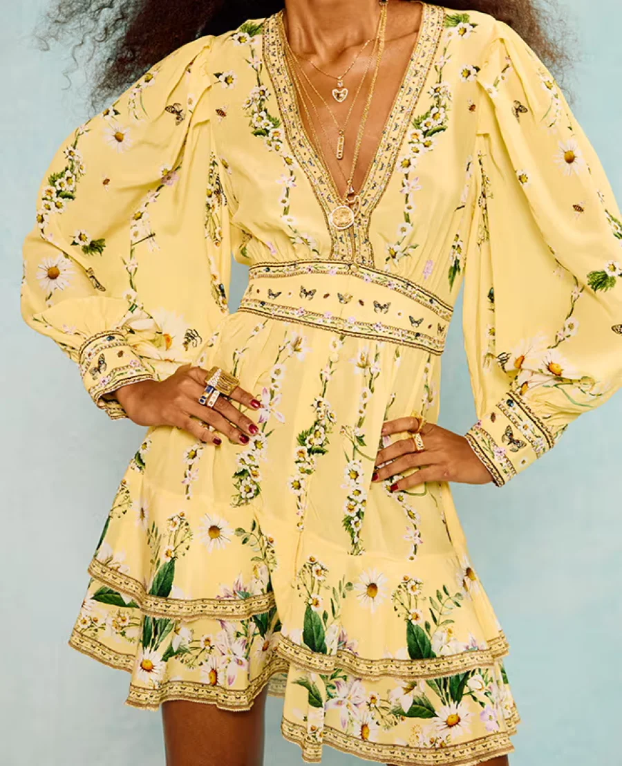 Robe superposée jaune pour femmes, imprimé floral, perles de cristal, col en v, manches longues, simple boutonnage, Mini Robe de vacances 100% soie