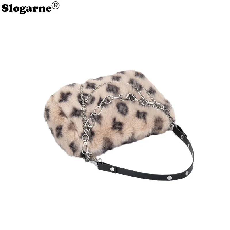 New Faux Fur Leopard Shoulder Bag Women\'s Autumn Winter Chain Handbags Ladies Leopard Print Clutch Purses Fluffy Top Handle Bags