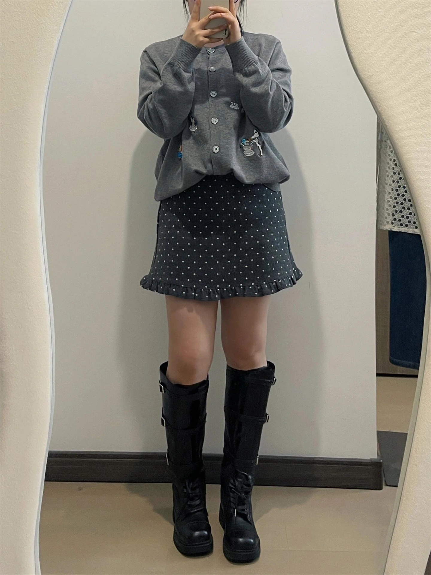 

Шерстяная юбка А-силуэта с узором в горошек и кружевом для женщин, с высокой талией, весенняя, модная, повседневная одежда