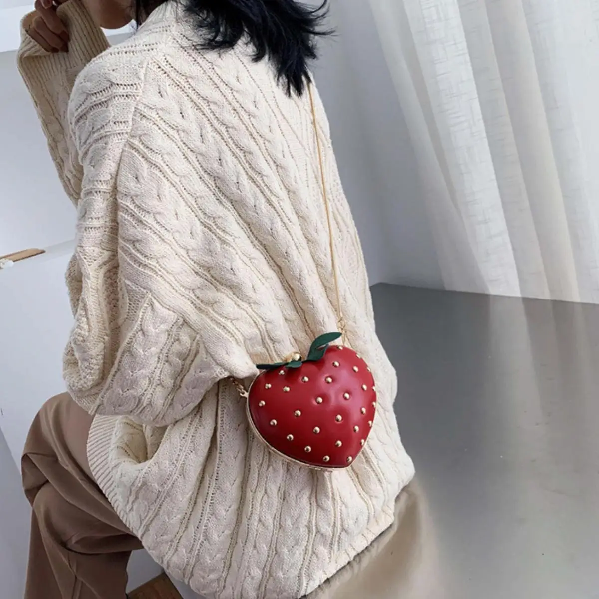 Fashion Girly love strawberry can date gift chain crossbody shoulder bag PU