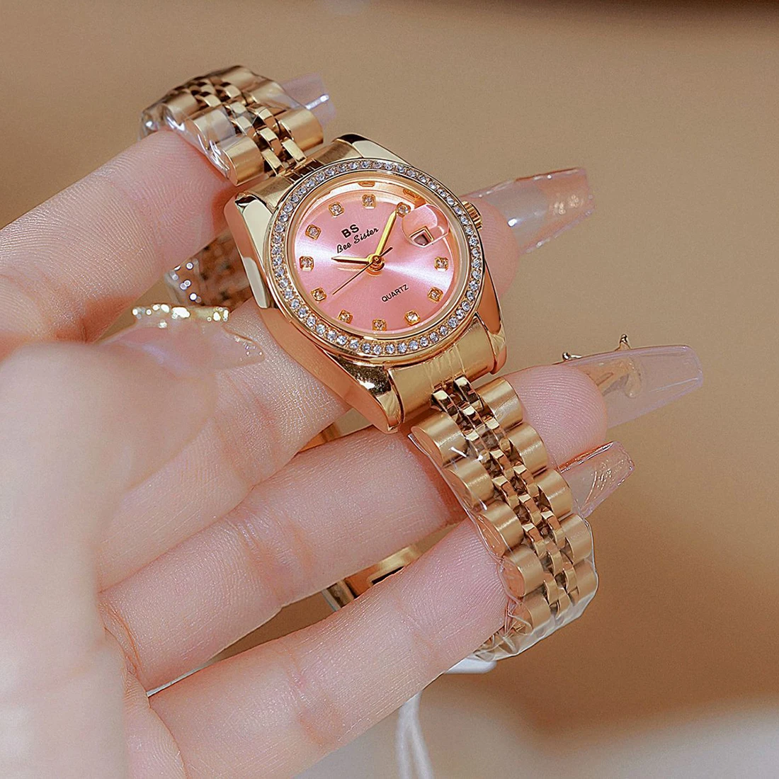 Original Woman Watch Pink Dial Golden Date Quartz Clock Vintage Elegant Stainless Steel Watch Gifts For Women 2024