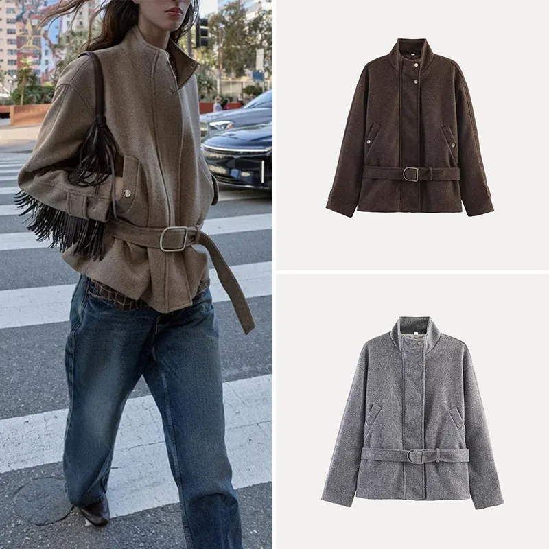 

Fashionable Short Coat Jacket Women's Summer 2026 Stand Collar Belted Outerwear Casual Style Standard Fit Other Material 100%