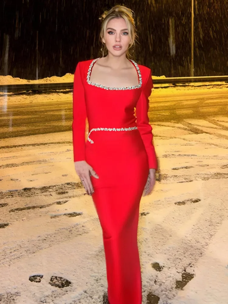 2025 Women Celebrity Sexy Long Sleeve Square Collar Red Maxi Long Bodycon Bandage Dress Elegant Evening Club Party Outfit