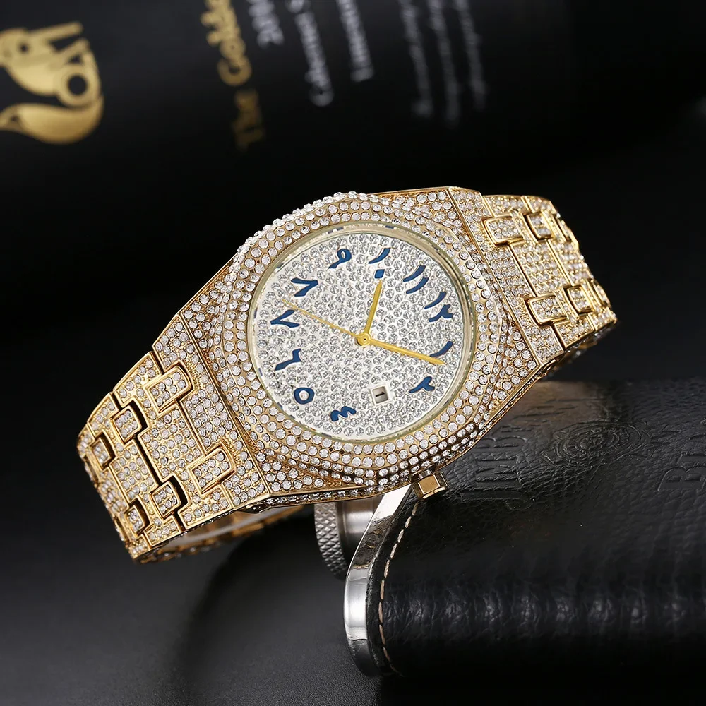 Arab Number Iced Out Full Diamond Watch for Men Hip Hop Mens Watches Luxury Quartz Wristwatch Man Clock Gold Steel Reloj Hombre