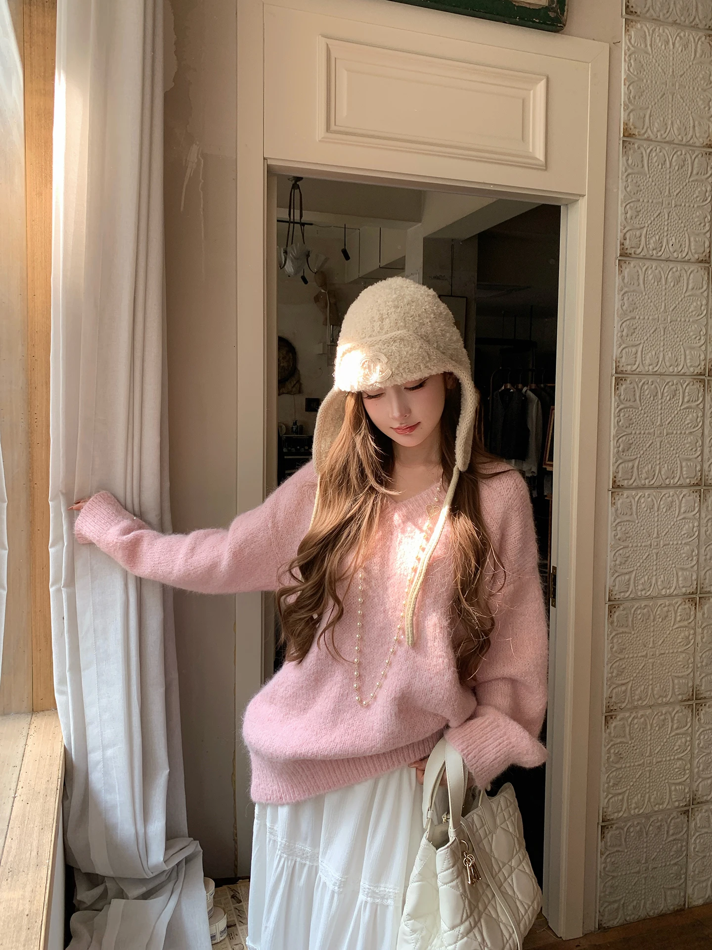 

Chen Dauyu Women's Thiened Knitted Sweater V-ne Loose Sle Glittering Long Sve Mid-length Winter Warm Top