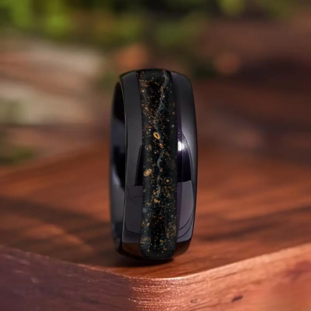 Fashion Mens Stainless Steel Rings With Black Gold Color Meteorite Inlay Ring for Men Jewelry Suitable for Daily Wear, Non-Fade