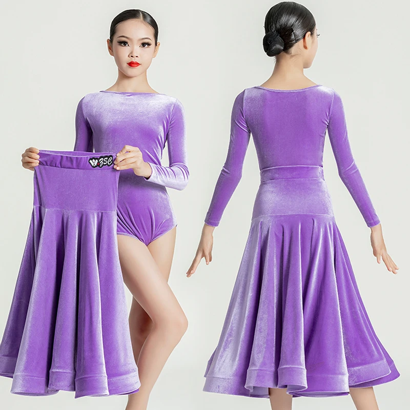 Fashion Girls Latin Dance Competition Dress Long Sleeved Velvet Ballroom Dance Performance Dresses Waltz Modern Dancewear SL9279