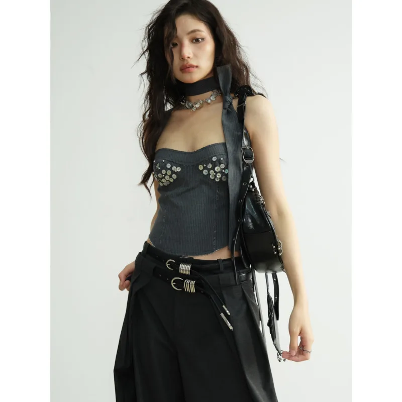 

Женская винтажная сексуальная майка в умном стиле, элегантная пряжка Fritillaria, украшенная 3D чашкой, без бретелек, универсальный жилет с галстуком, весна-лето