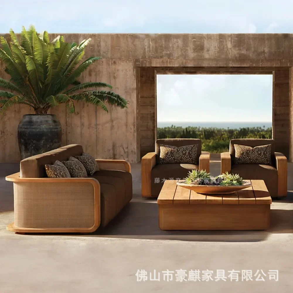 Outdoor teak sofa waterproof sunscreen villa courtyard garden hotel nordic terrace preservative solid wood sofa coffee table