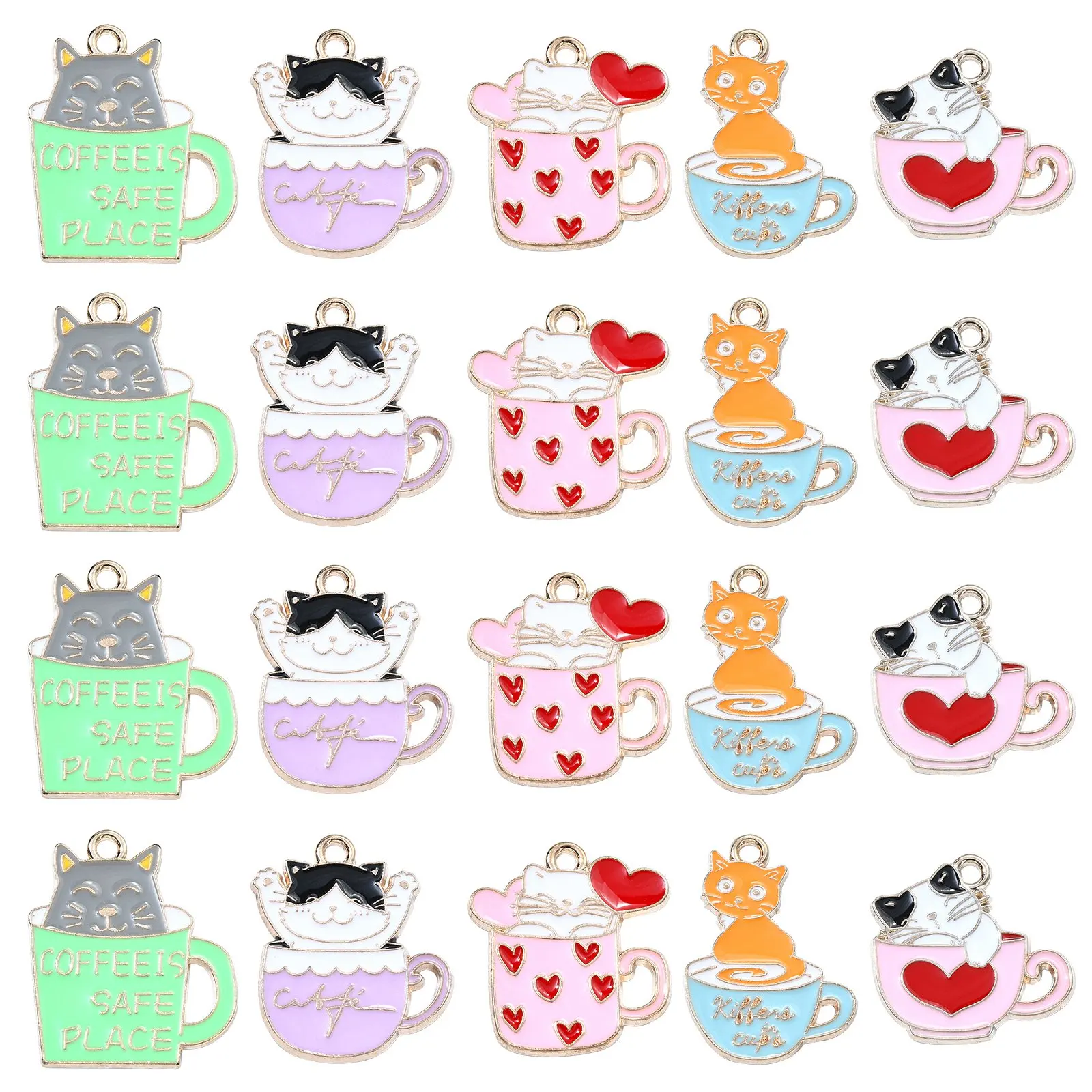 30Pcs 5 Styles Enamel Cat with Mug Charms Cute Cup Kitten Charms Enamel Pet Animal Charms for Jewelry Crafts Making Supplies