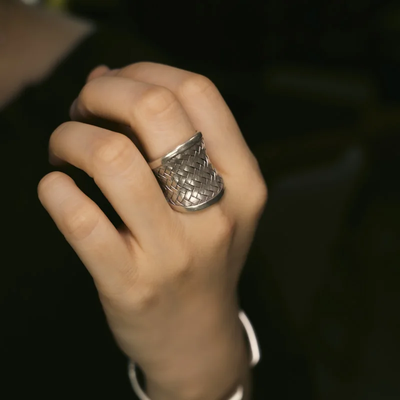 Hand-woven silver jewelry ring women's personalized retro trendy and exaggerated ring boys' hand jewelry