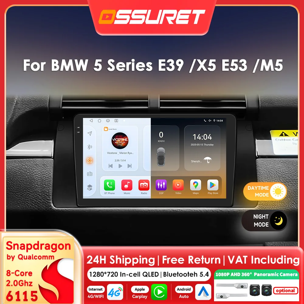 9"2DIN Carplay Android 14 Autoradio für BMW 5 E39 X5 E53 M5 1995 - 2003 Multimedia von Snapdragon 6115 Autoradio 360 Cam Bildschirm