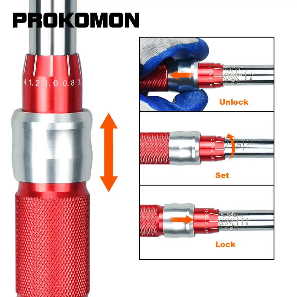 Prokomon Bike Torque Wrench 1/4\'\', 5-25Nm, 0.1Nm Micro, Drive Click Torque Wrench Set, Hex, Torx/Star Bit Sockets, Extension Bar