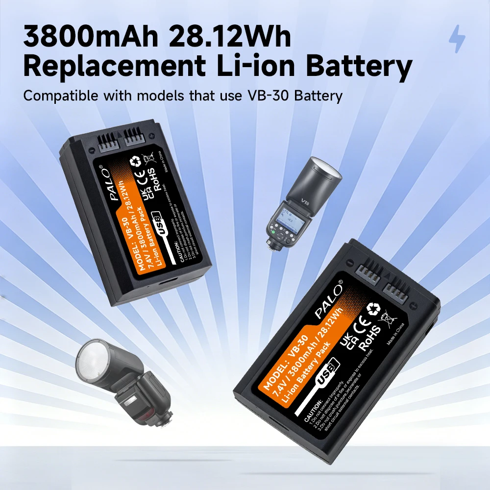 7.4V 3800mAh VB30 Li-ion Replacement Battery Type-C Charging For Godox V1 Pro V860III V100 Speedlite Flash Spare Battery Pack