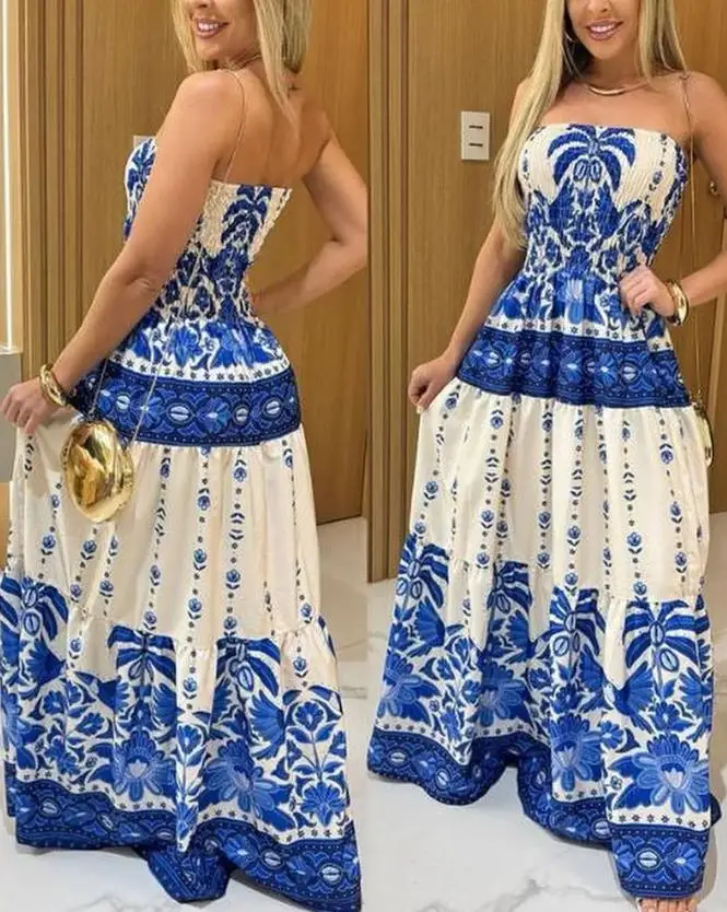 خمر البوهيمي نمط زهرة النبات طباعة الخصر Cinched ألف خط فستان بدون حمالات للسيدات الصيف فستان عطلة أنيقة #3