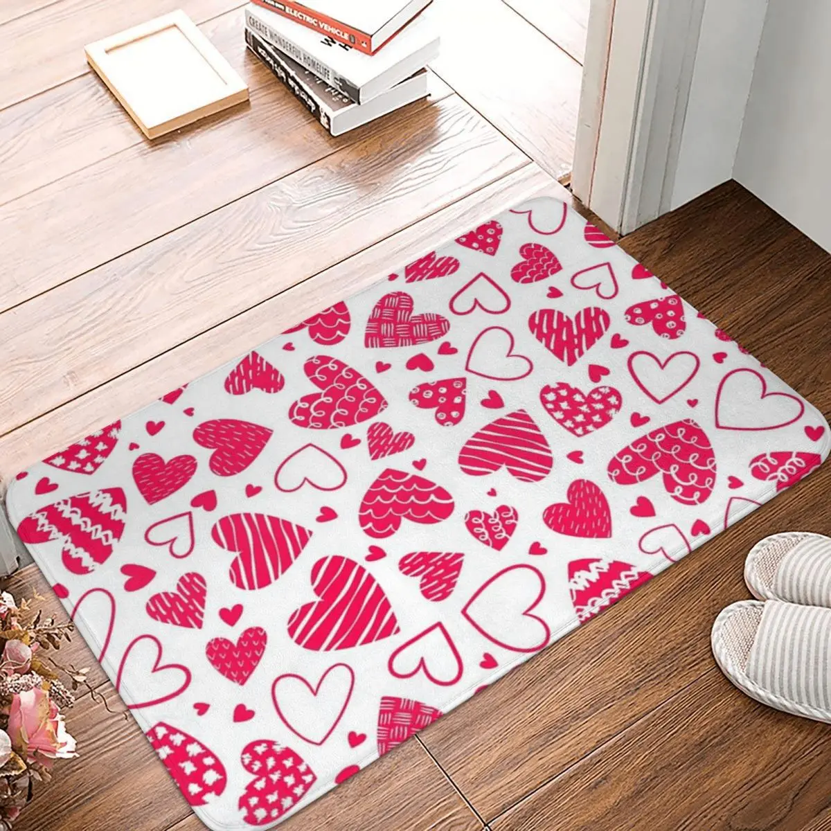 Red Valentine Hearts Bath Mat Love Bathroom Rug Kitchen Shower Door Absorbent Waterproof Foot Mat Non Slip Pattern Toilet Pad