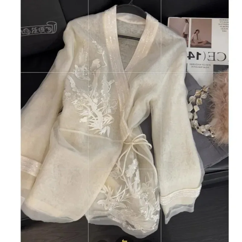 

Рубашка с вышивкой в китайском стиле с v-образным вырезом, женское сетчатое пальто Fairy Gentle Gentleman's Feelings, топы