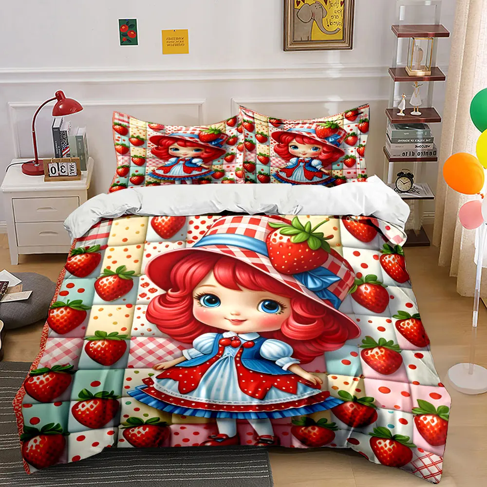 Red-haired doll with strawberry-themed decor Printed Duvet Cover Set1 Duvet Cover+2 PillowcaseMulti Size Bedroom Bedding Decor