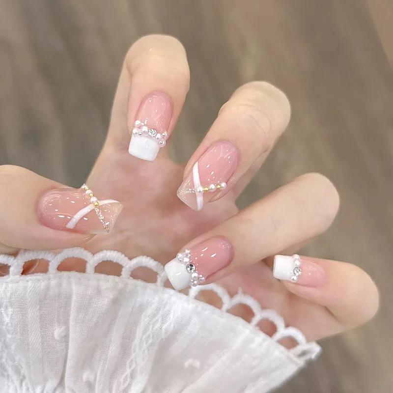 Dicas longo Ballet unhas com arco 3D, destacável, unhas falsas acabadas, Wearable, pressione sobre, design francês, 24pcs