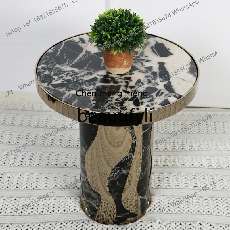 

Italian light luxury sofa next to the marble small coffee table modern simple small apartment movable stainless steel edge table