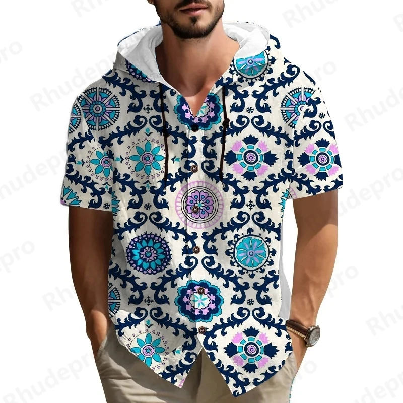 

National Style 2025 Men Summer Hooded Shirt Casual Solid Color Button Down Short Sleeve Hoodies Tops Beach Vacation Streetwear