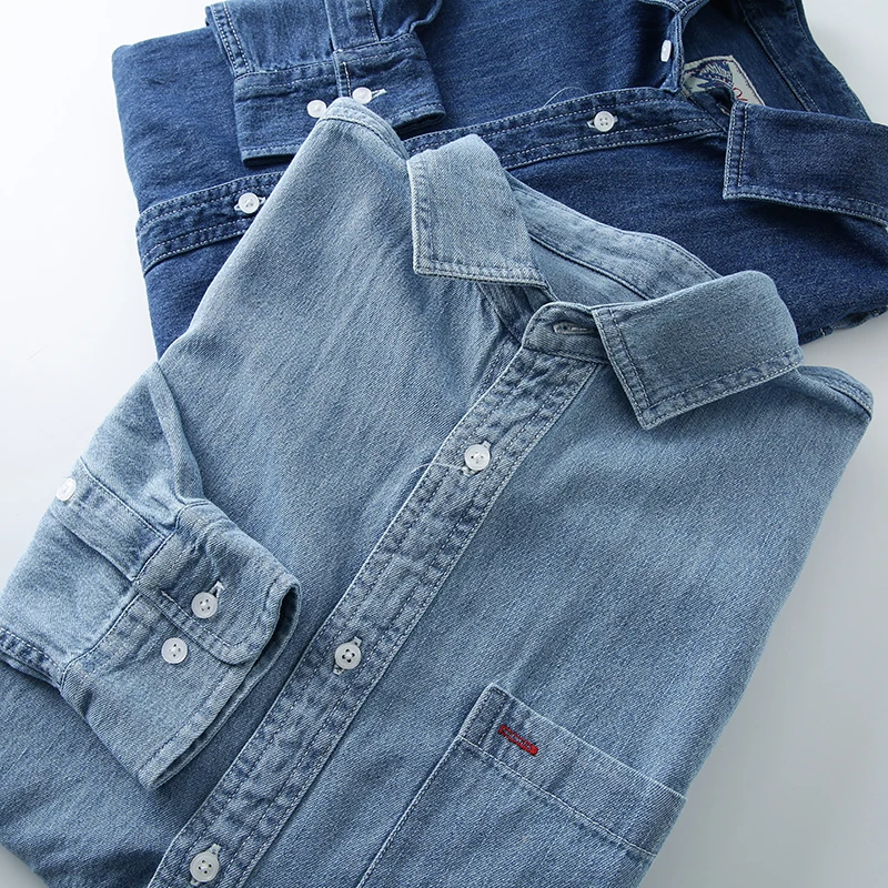 

Heavyweight Cotton Waed Casual Loose Long Sve Men's Denim irt Spring Autumn Versatile Comfortable Classic Blue Jeans