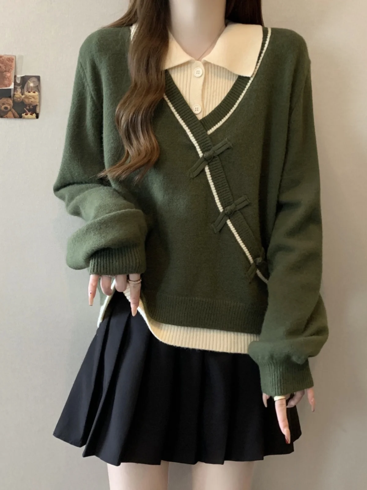 

Loose Fit Ne Knitted Sweater Women's Autumn Winter Large Size Casual Wear Button Detail Color Blo High Waist Design