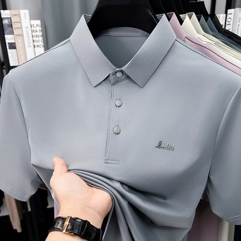 Lässiges Polo-T-Shirt für Herren, kurzärmelig, elastisch, atmungsaktiv, für Business, Büro, Alltag, Sommer, leichte Bluse – Detail 6