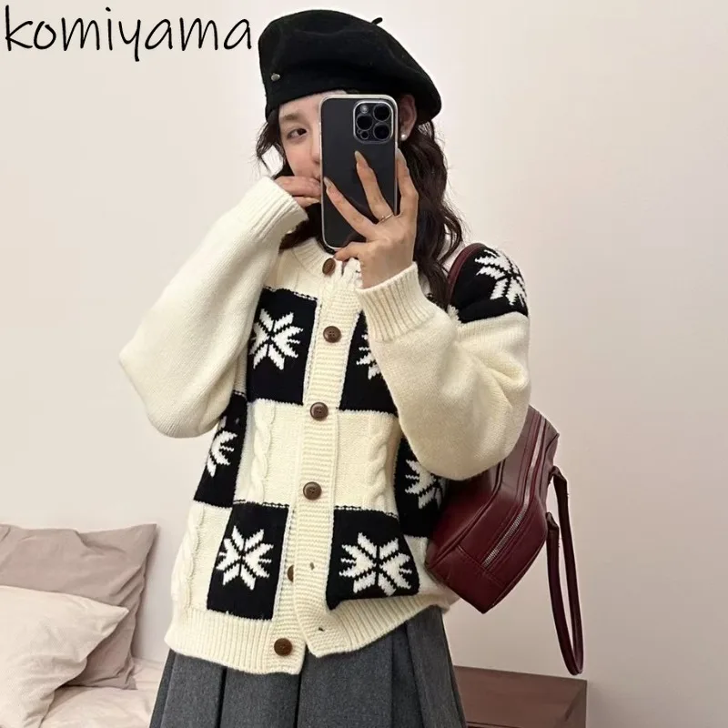 Snow Pattern 2025 Woman Cardigan O-neck Single Breasted Outerwears Korean Sweater Long Sleeve Cardigans Hit Color Ropa Mujer