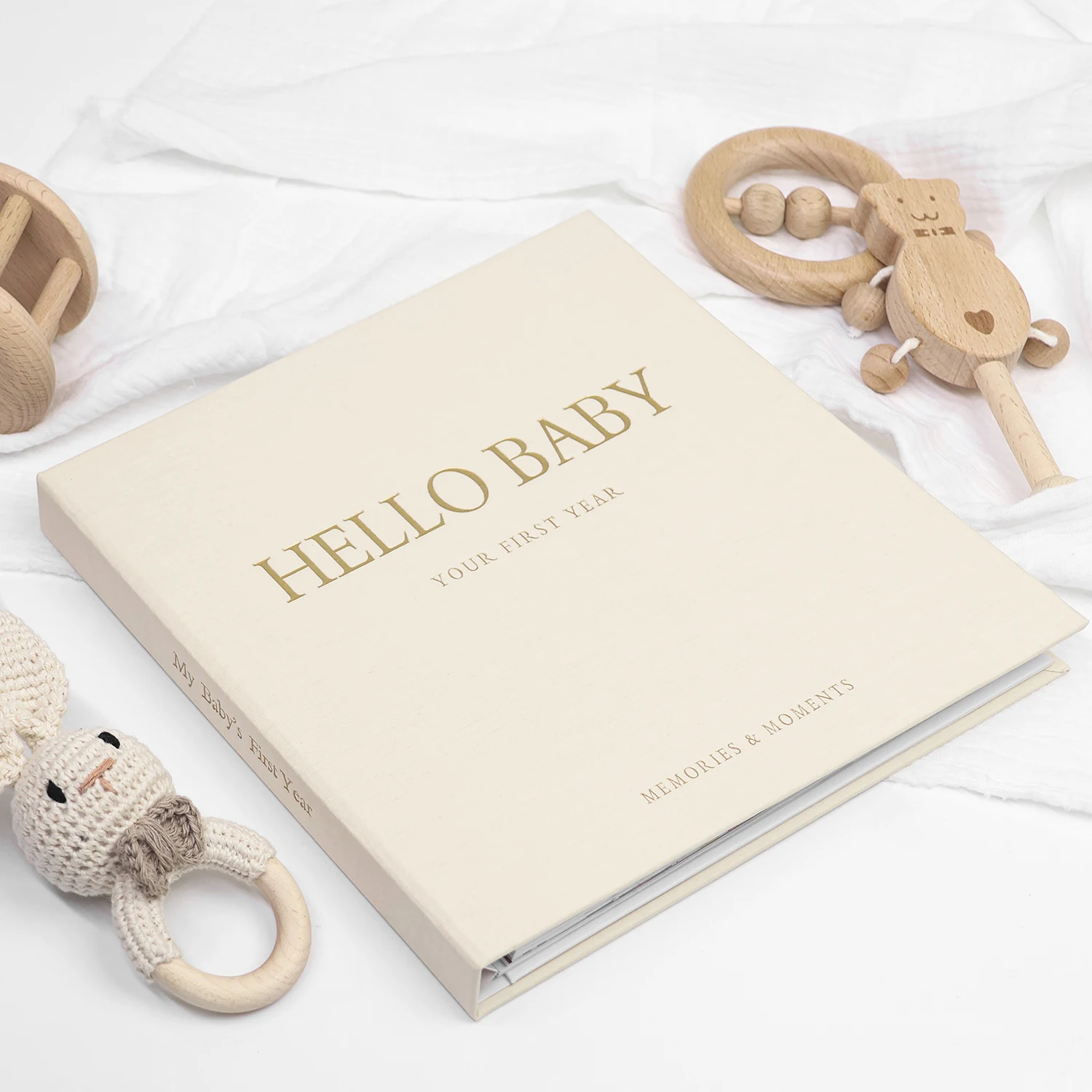 Eratopische Linnen Stof Gouden Logo Hallo Baby Memory Aandenken Boek Verborgen Spiraal Binding Baby Geheugen Dagboek Voor Baby Shower