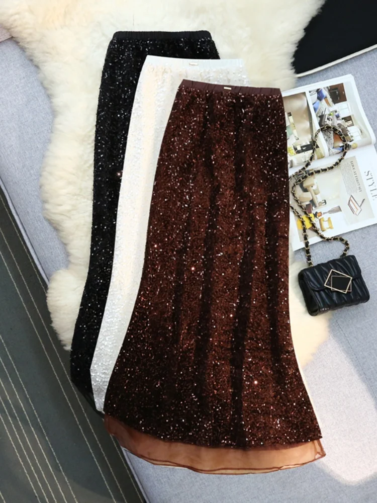 

SMTHMA High End Velvet Sequin Sparkling Temperament Skirt For Women's Autumn Winter New High Waist Slimming Mermaid Skirt