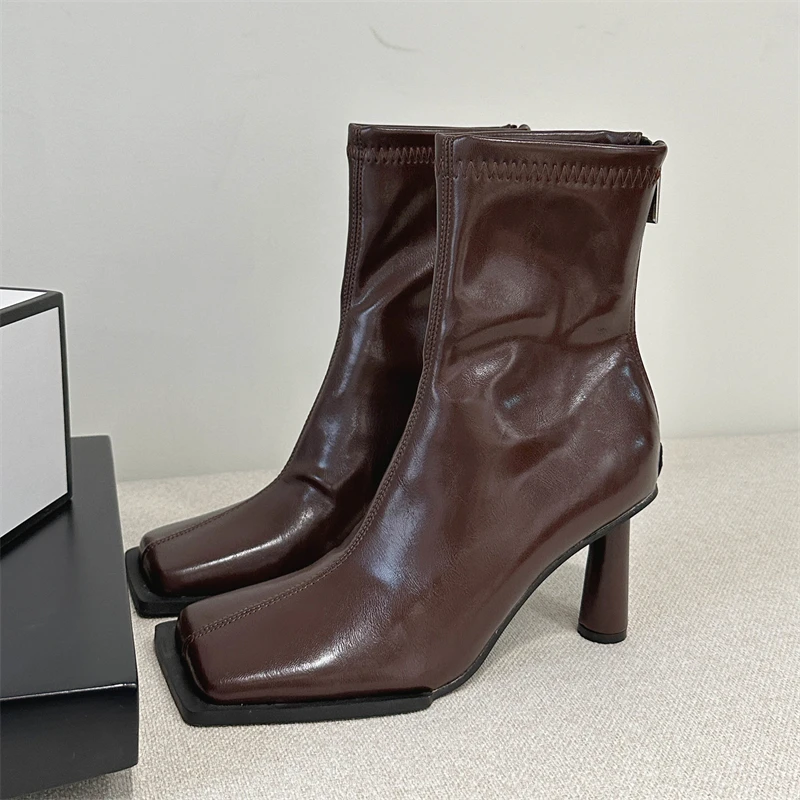 Autumn Cozy Soft Leather Square Toe Ankle Boots Women Elegant Stiletto Heels Fashion Zip Ladies Party Shoes Zapatos Mujer image 4