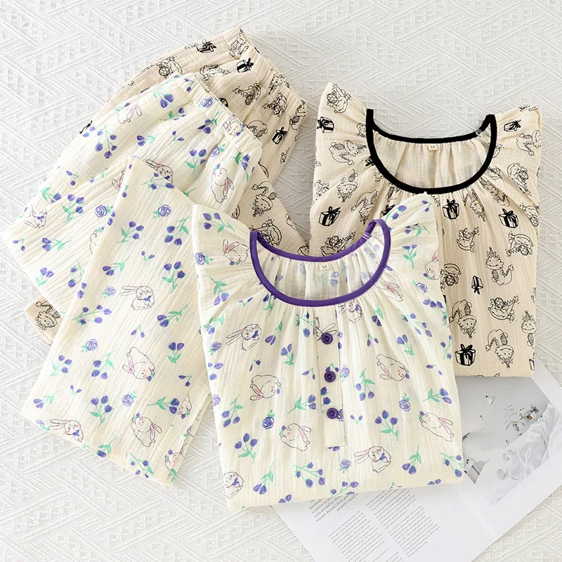 Pijama de algodón de manga corta para mujer, Jersey fino de dibujos animados, traje de servicio a domicilio, ropa de dormir suelta e informal, 2 piezas, Verano