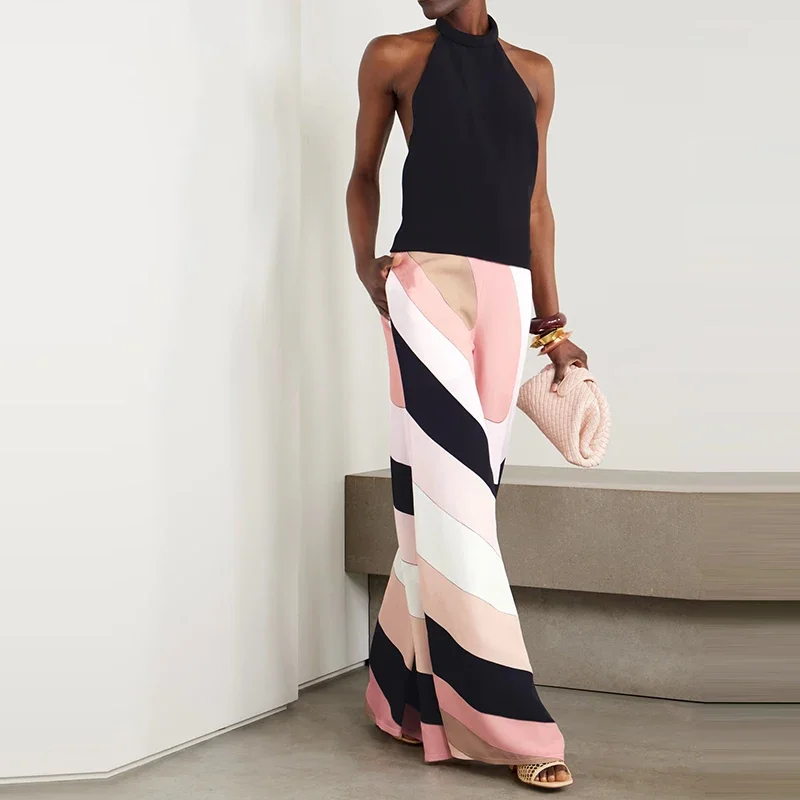 Tuta lunga patchwork stampata moda donna 2025 Elegante pagliaccetto con tasca al collo appeso Tuta dritta scavata senza schienale sexy