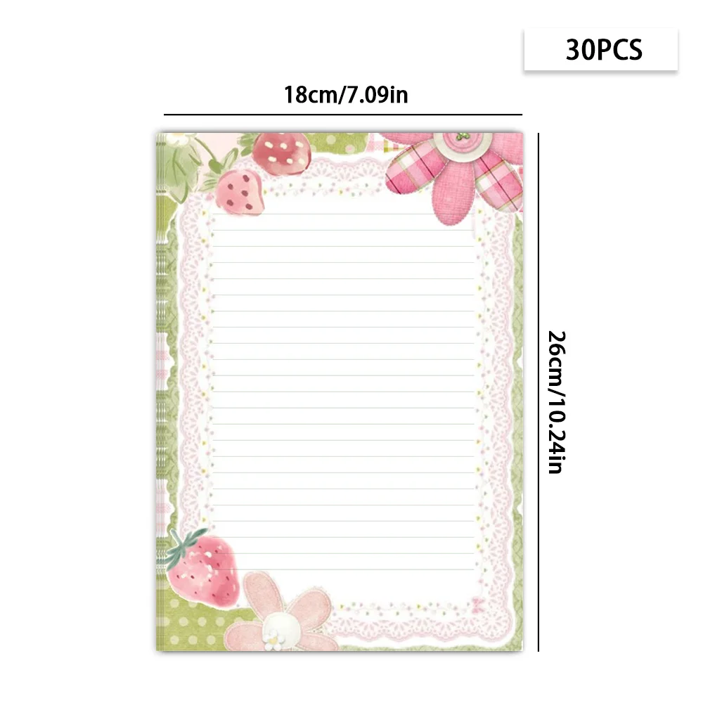 30 Sheets. B5 Hand-drawn Pink Strawberry Stationery Paper, Watercolor Style Letter Paper, Tearable Notepad, Suitable For Letters