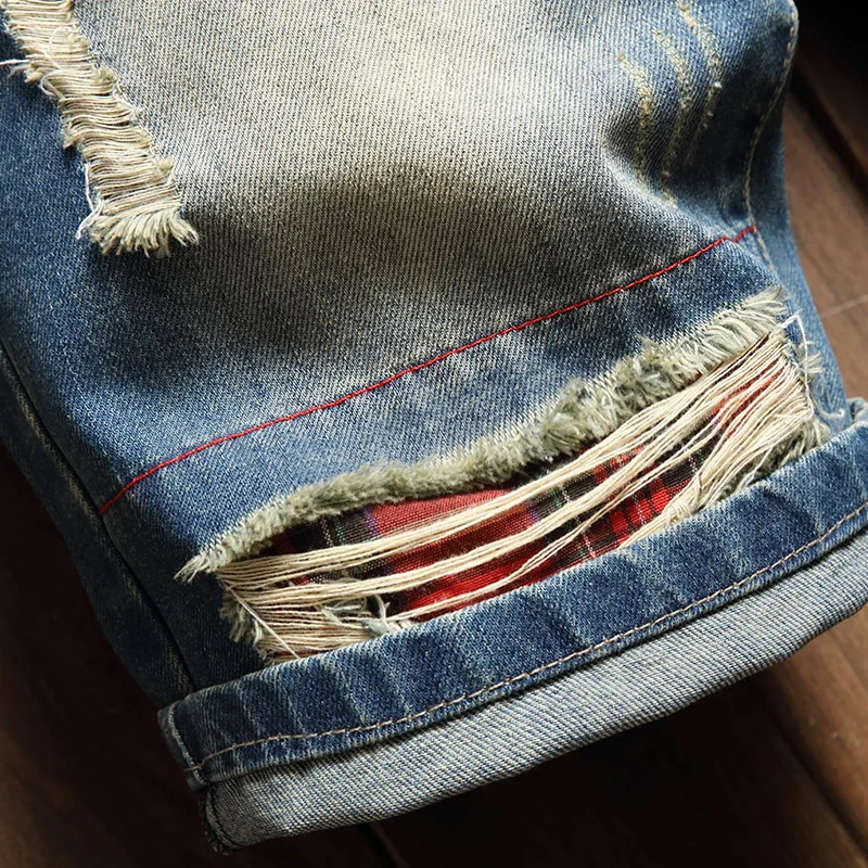 新しいリッピングストリートヴィンテージデニムショーツメンズ夏のヒップホップファッション穴スリム男性ショーツブランド服ストレートショートジーンズ