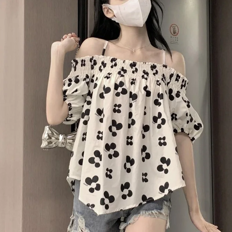 

2023 Summer Fashion Pure Desire Off Shoulder Fragmented Flower Bubble Sleeves Sweet and Spicy Loose Oversize Shirt